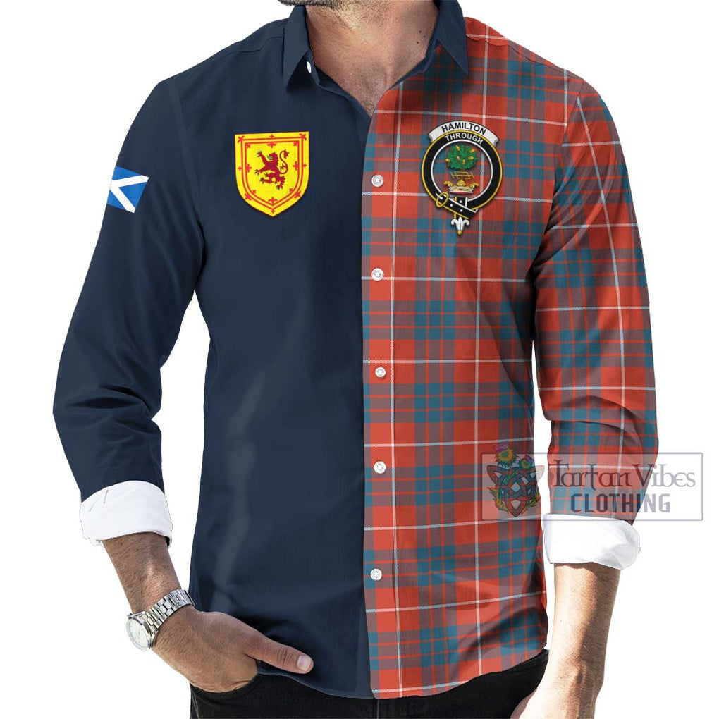 Tartan Vibes Clothing Hamilton Ancient Tartan Long Sleeve Button Shirt with Scottish Lion Royal Arm Half Style