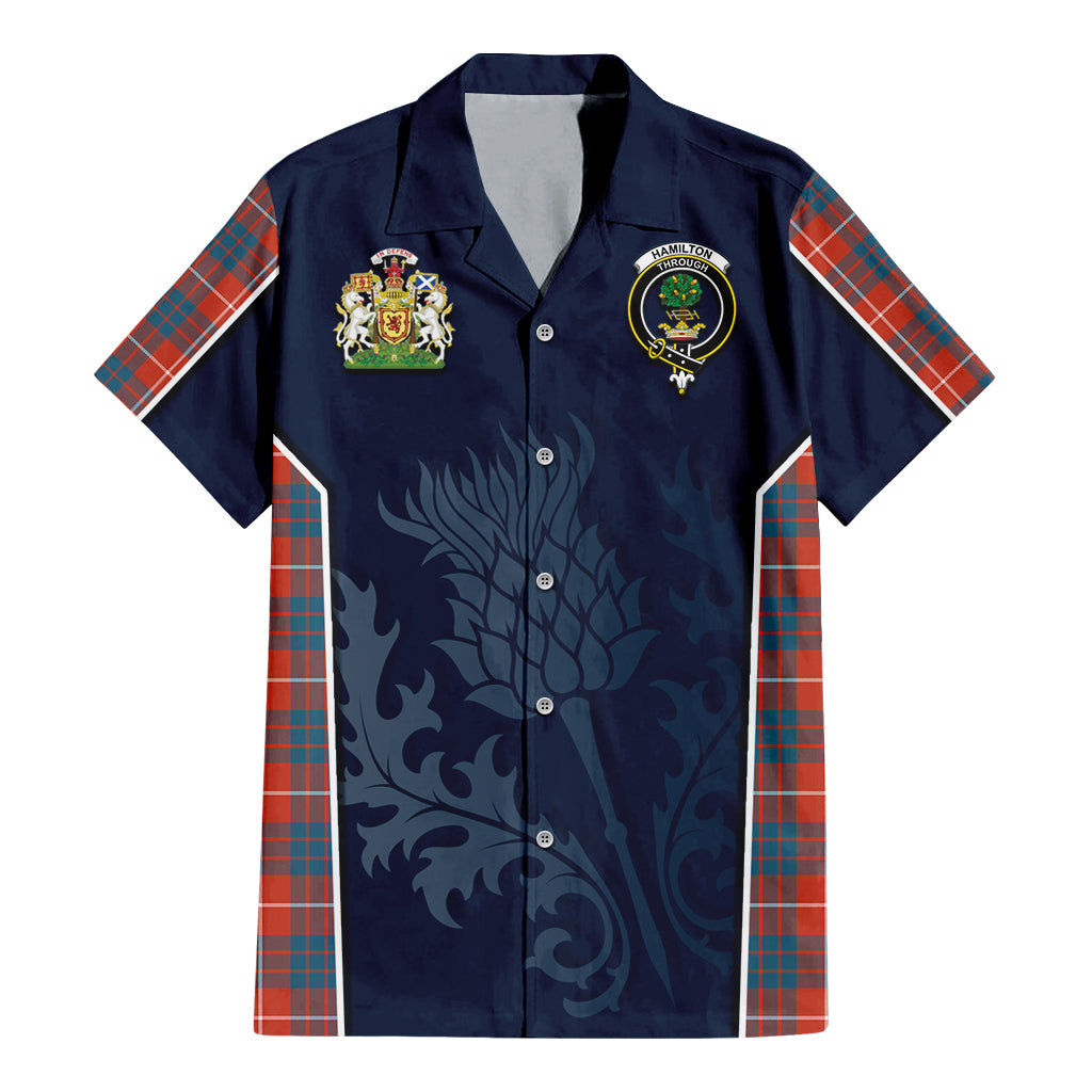 Tartan Vibes Clothing Hamilton Ancient Tartan Short Sleeve Button Up Shirt with Family Crest and Scottish Thistle Vibes Sport Style