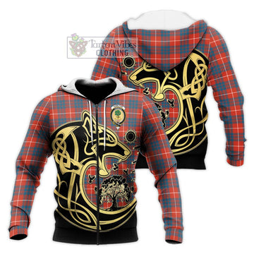 Hamilton Ancient Tartan Knitted Hoodie with Family Crest Celtic Wolf Style