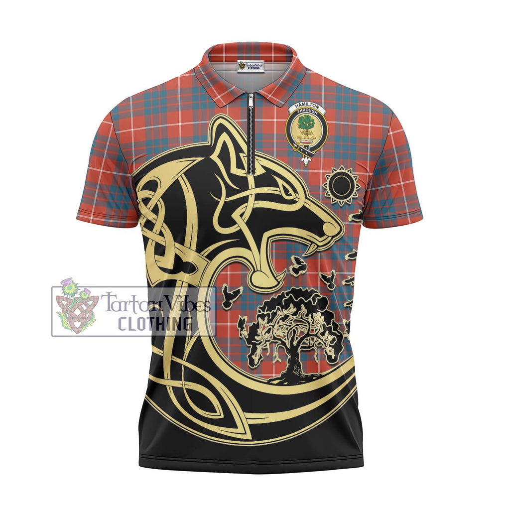 Hamilton Ancient Tartan Zipper Polo Shirt with Family Crest Celtic Wolf Style - Tartanvibesclothing Shop