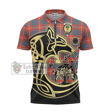 Hamilton Ancient Tartan Zipper Polo Shirt with Family Crest Celtic Wolf Style