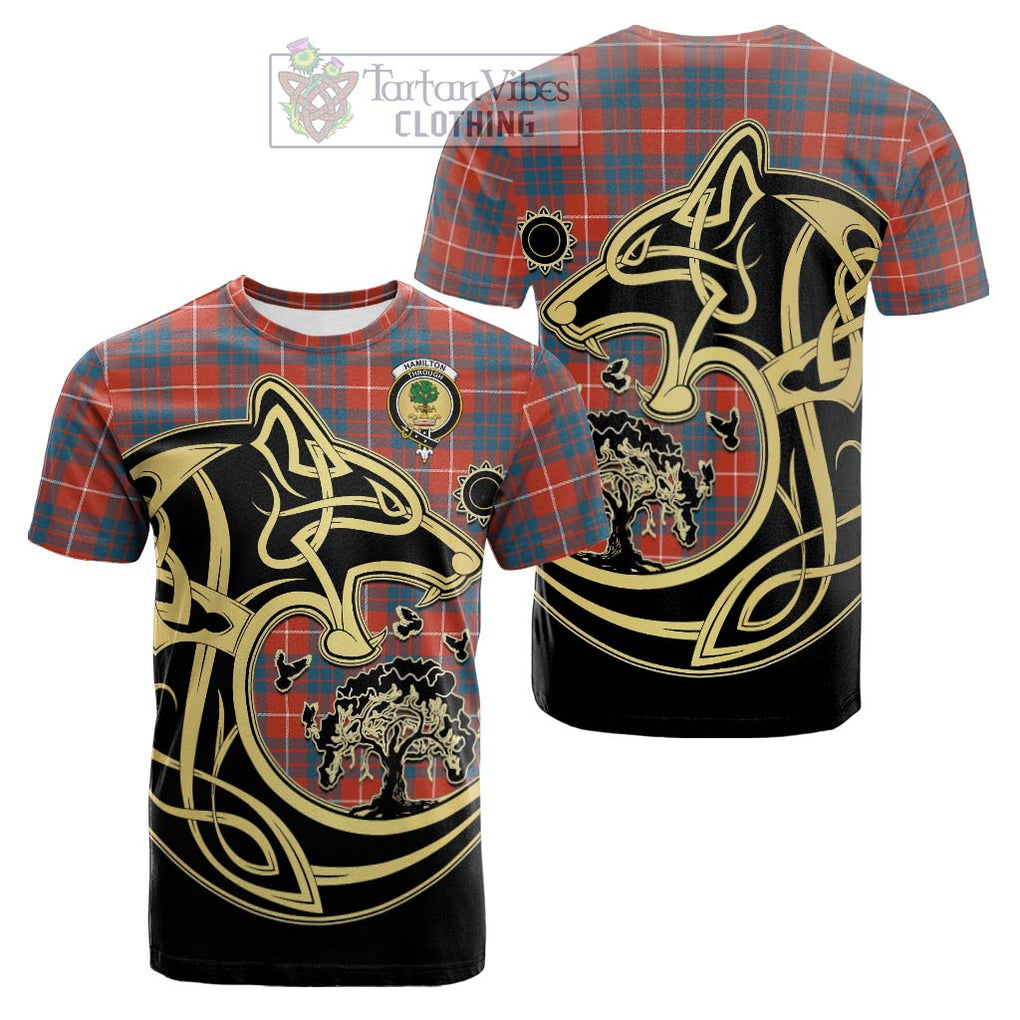 Tartan Vibes Clothing Hamilton Ancient Tartan Cotton T-shirt with Family Crest Celtic Wolf Style