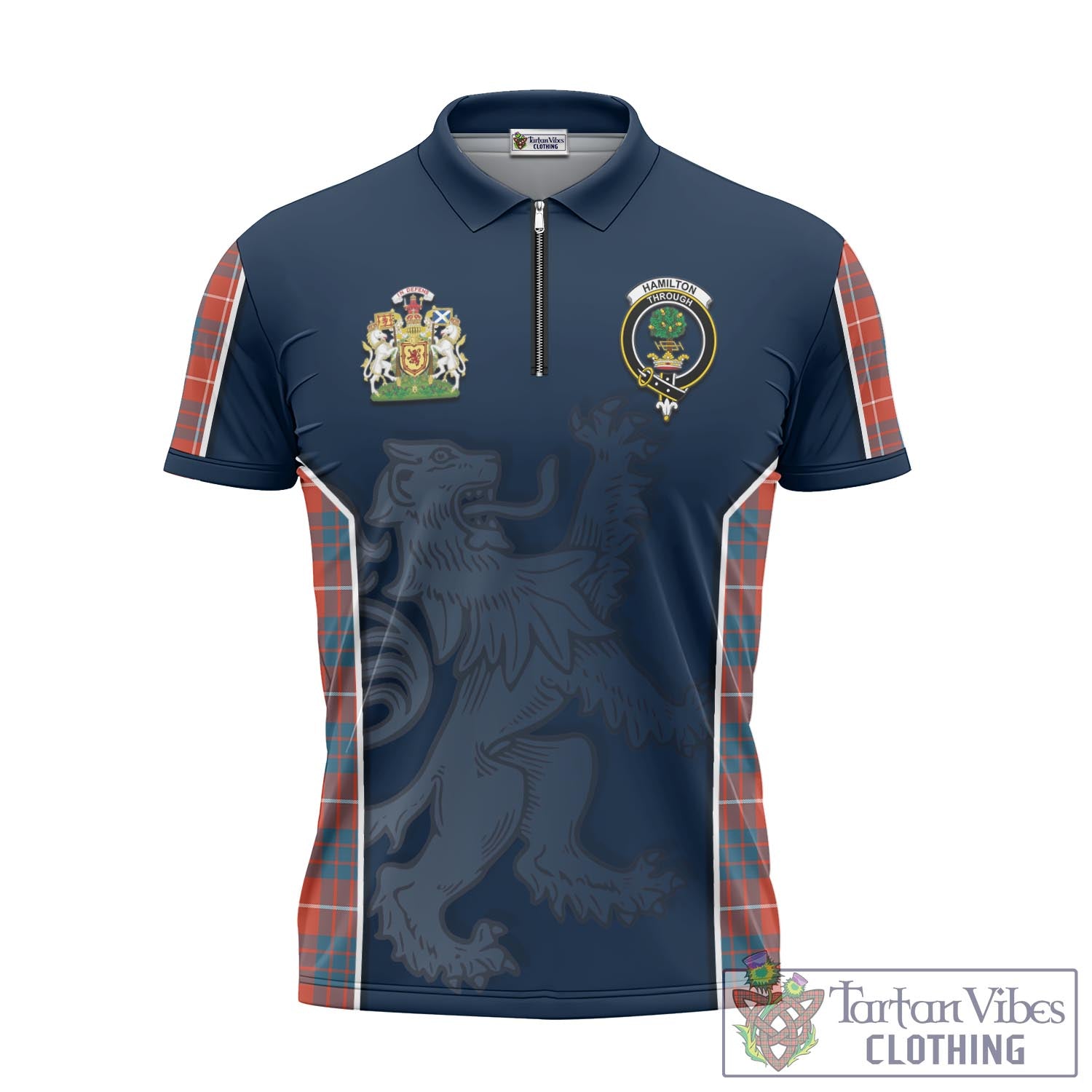 Tartan Vibes Clothing Hamilton Ancient Tartan Zipper Polo Shirt with Family Crest and Lion Rampant Vibes Sport Style