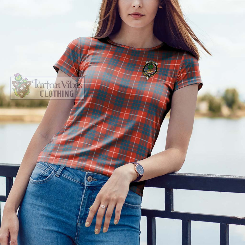 Hamilton Ancient Tartan Cotton T-Shirt with Family Crest Women's Shirt - Tartanvibesclothing Shop