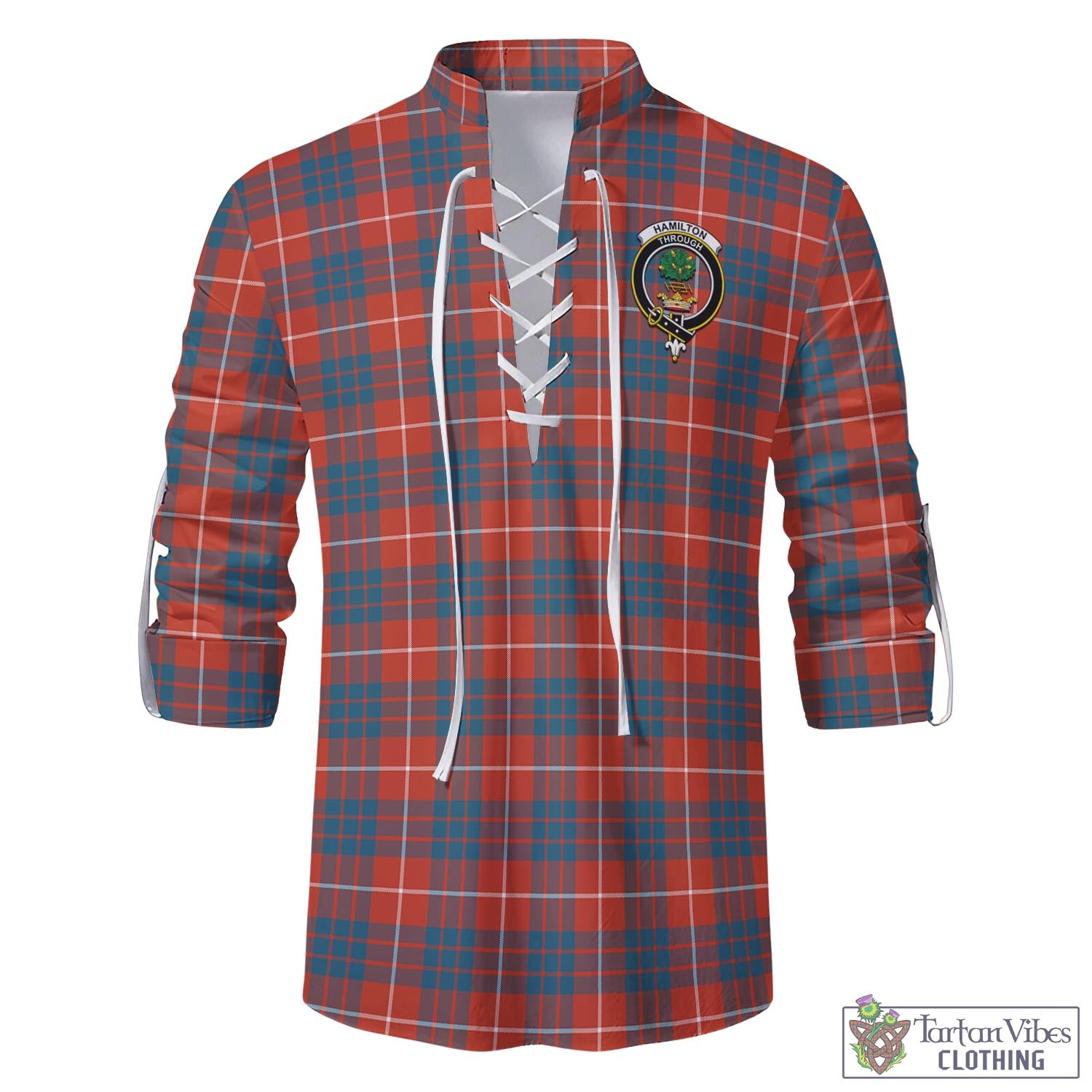 Tartan Vibes Clothing Hamilton Ancient Tartan Men's Scottish Traditional Jacobite Ghillie Kilt Shirt with Family Crest