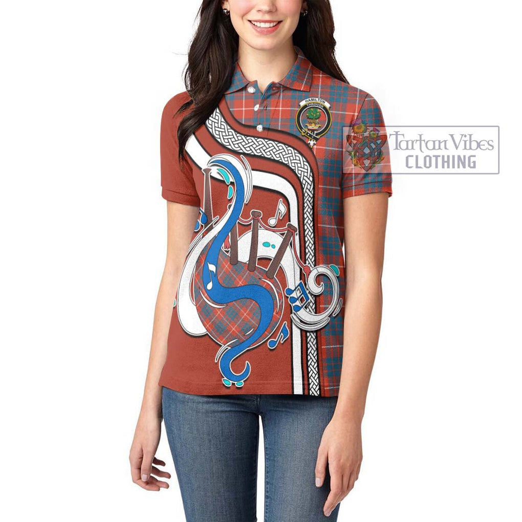 Hamilton Ancient Tartan Women's Polo Shirt with Epic Bagpipe Style - Tartanvibesclothing Shop