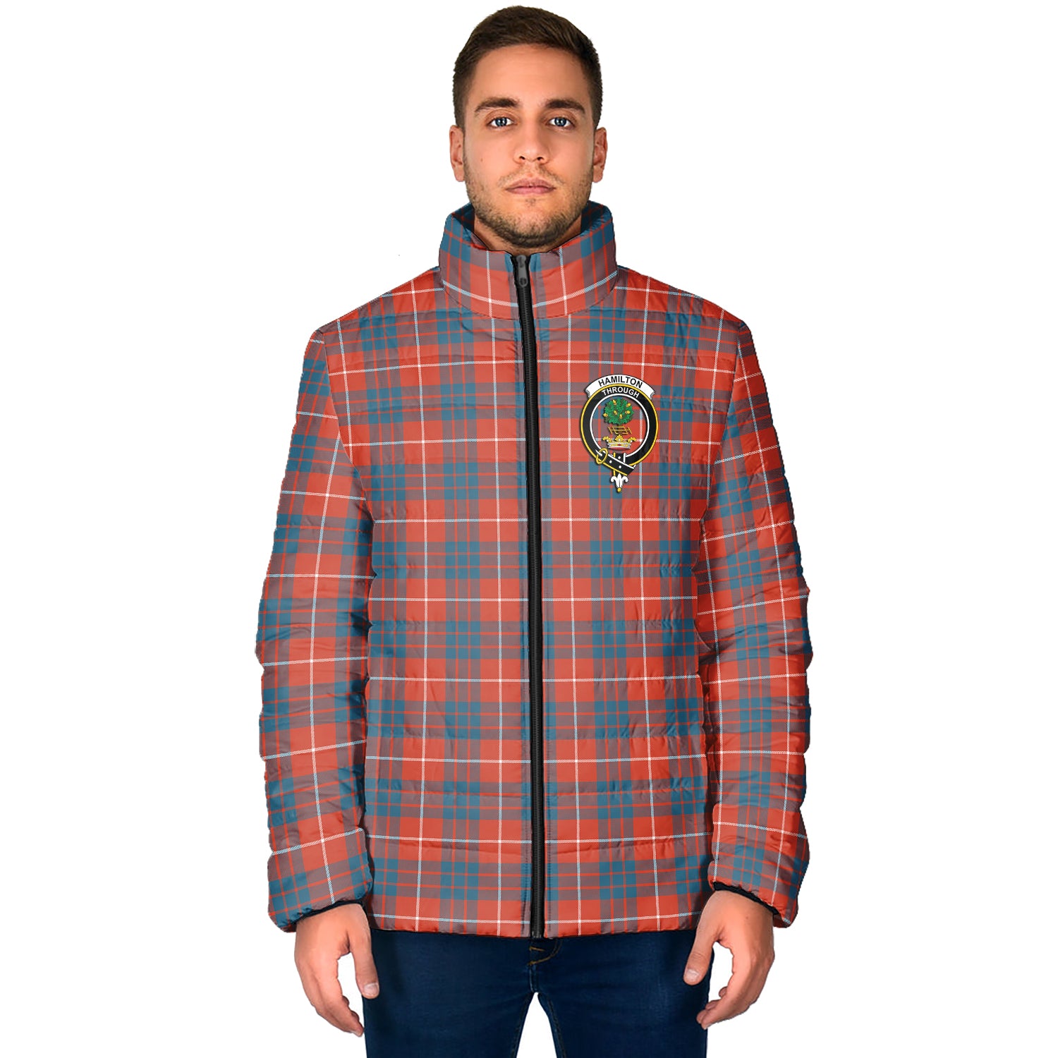 Hamilton Ancient Tartan Padded Jacket with Family Crest - Tartan Vibes Clothing