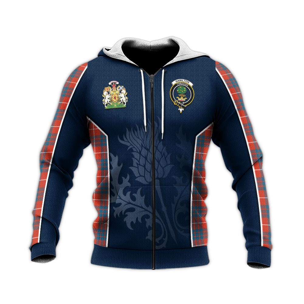 Tartan Vibes Clothing Hamilton Ancient Tartan Knitted Hoodie with Family Crest and Scottish Thistle Vibes Sport Style