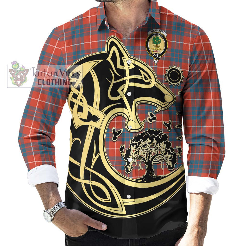 Hamilton Ancient Tartan Long Sleeve Button Shirt with Family Crest Celtic Wolf Style - Tartan Vibes Clothing