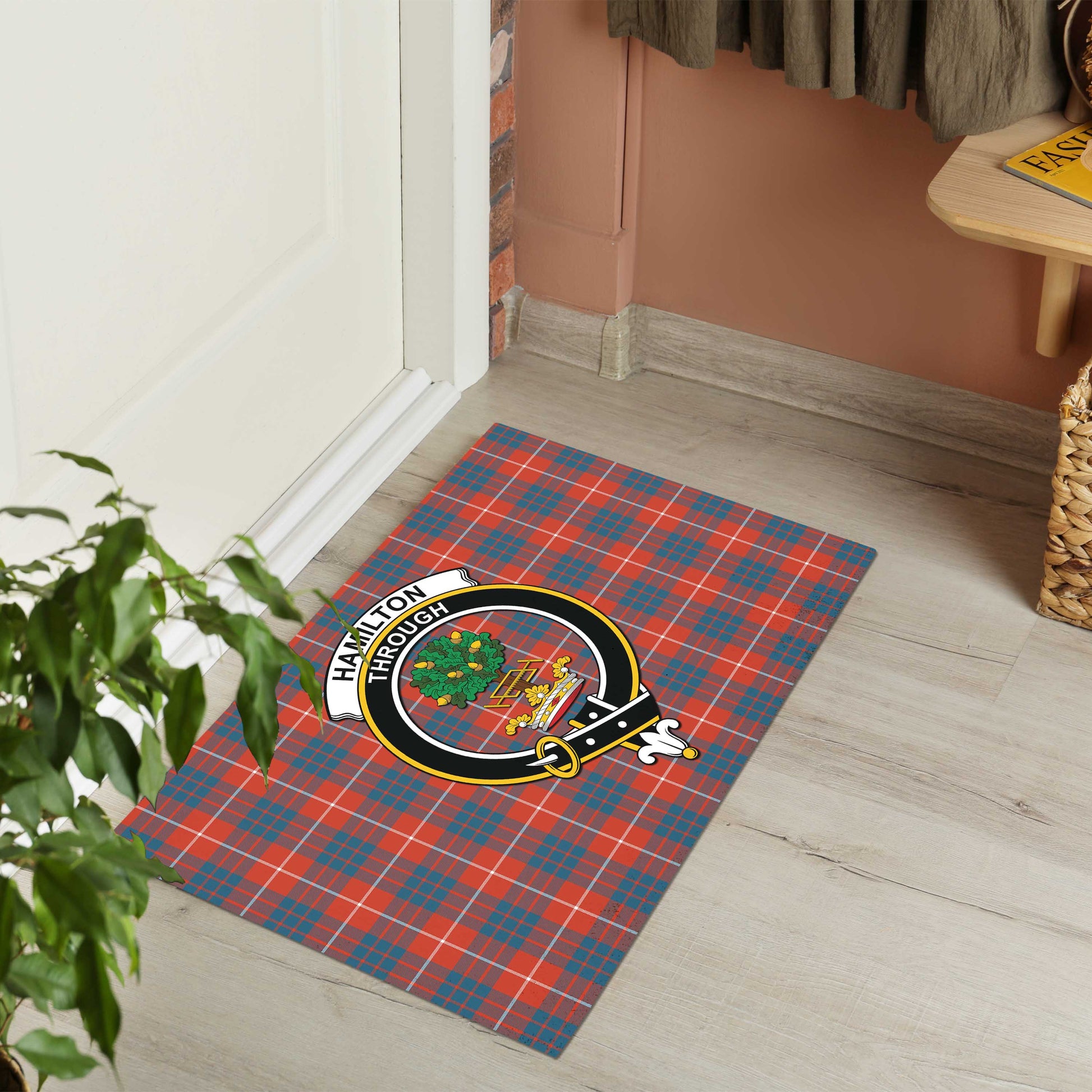 Hamilton Ancient Tartan Door Mat with Family Crest - Tartanvibesclothing