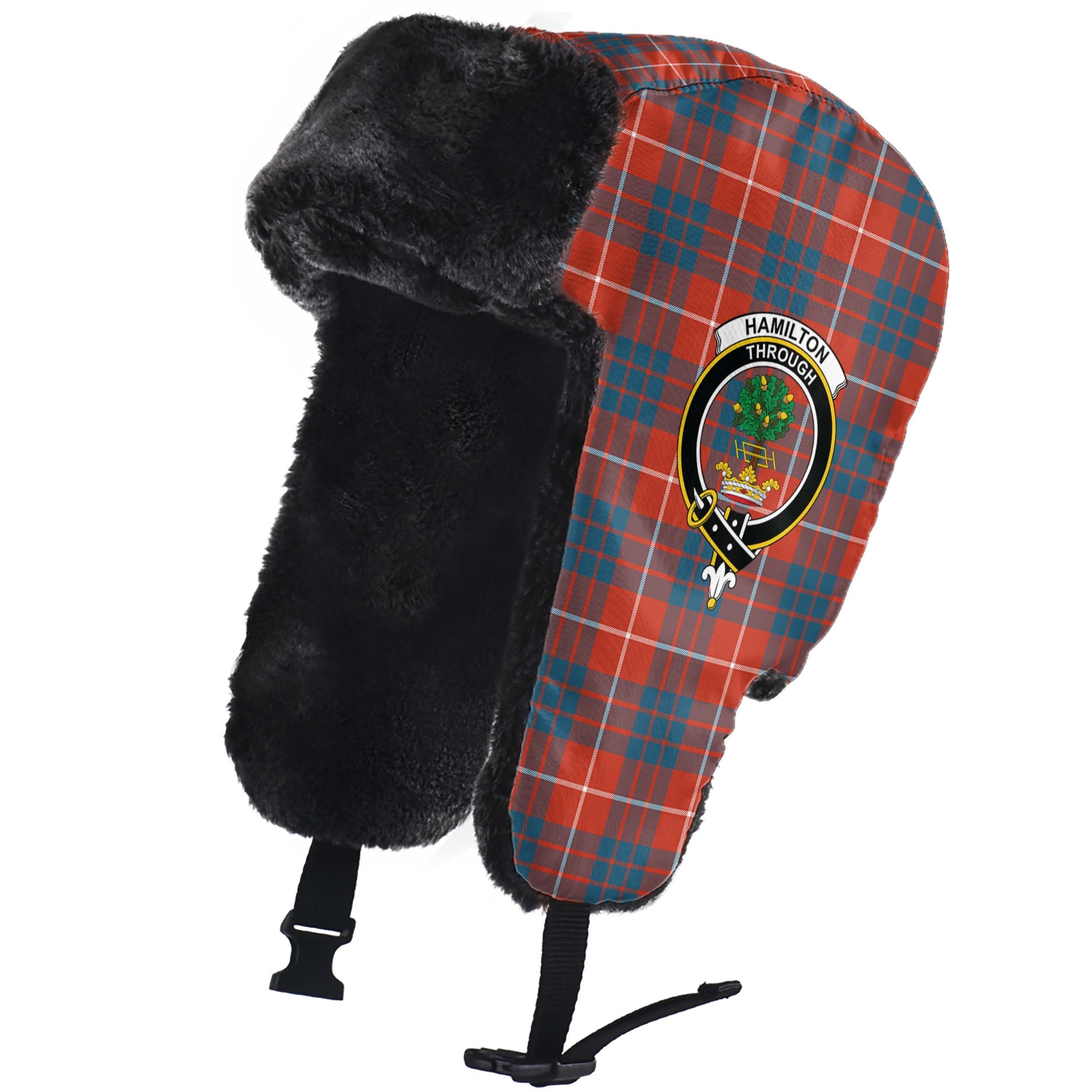 Hamilton Ancient Tartan Winter Trapper Hat with Family Crest - Tartanvibesclothing