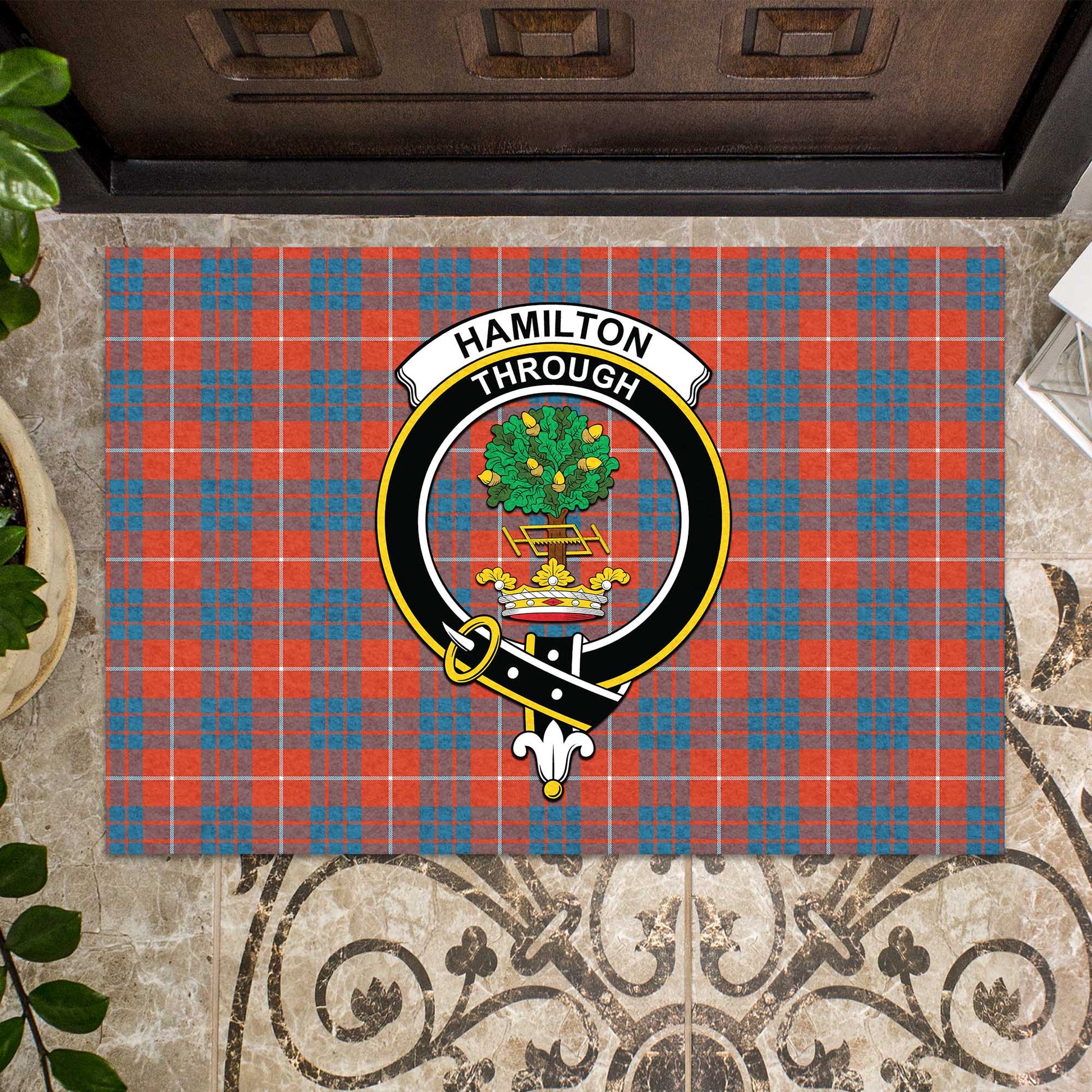 Hamilton Ancient Tartan Door Mat with Family Crest - Tartanvibesclothing