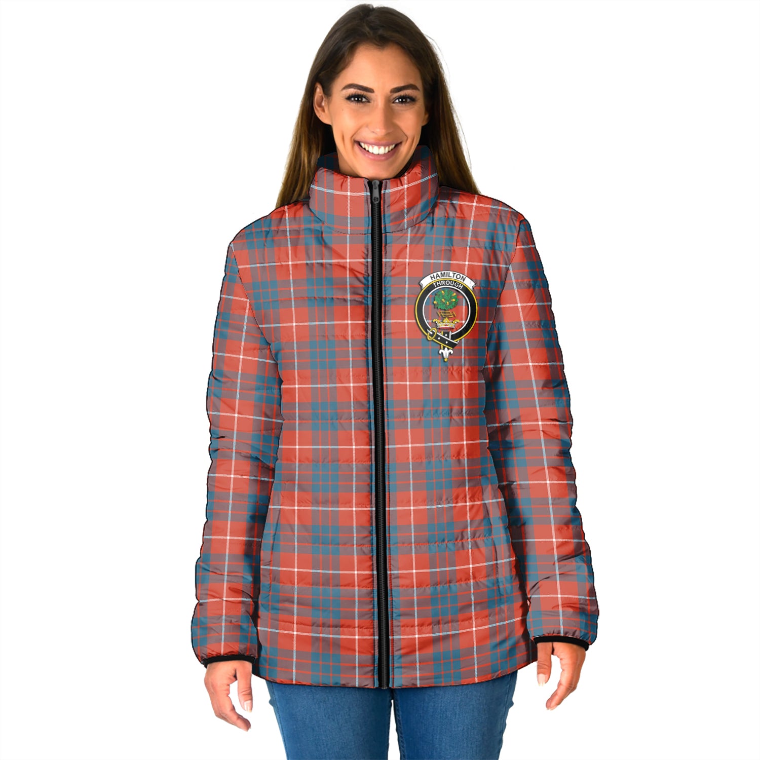 Hamilton Ancient Tartan Padded Jacket with Family Crest - Tartan Vibes Clothing