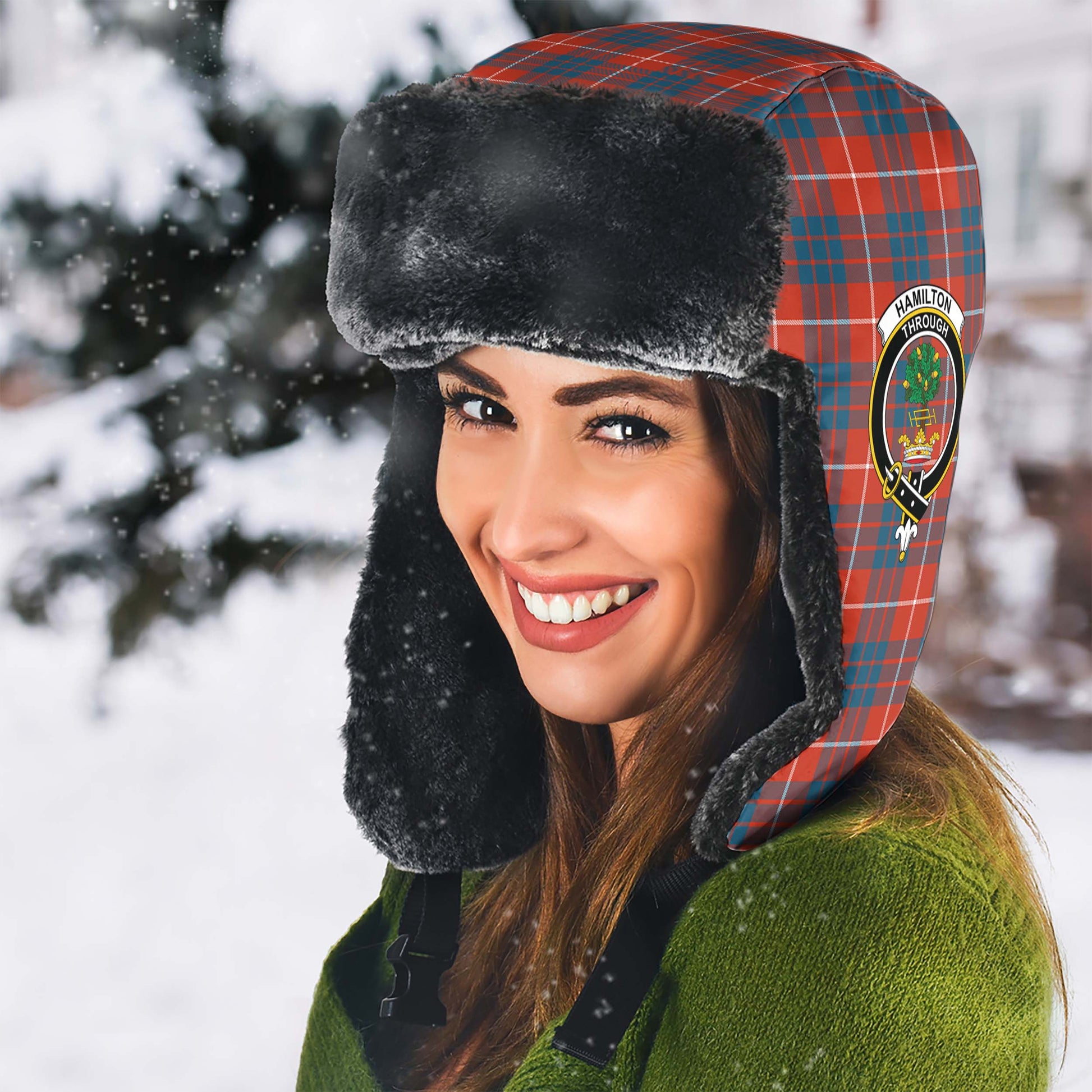 Hamilton Ancient Tartan Winter Trapper Hat with Family Crest - Tartanvibesclothing