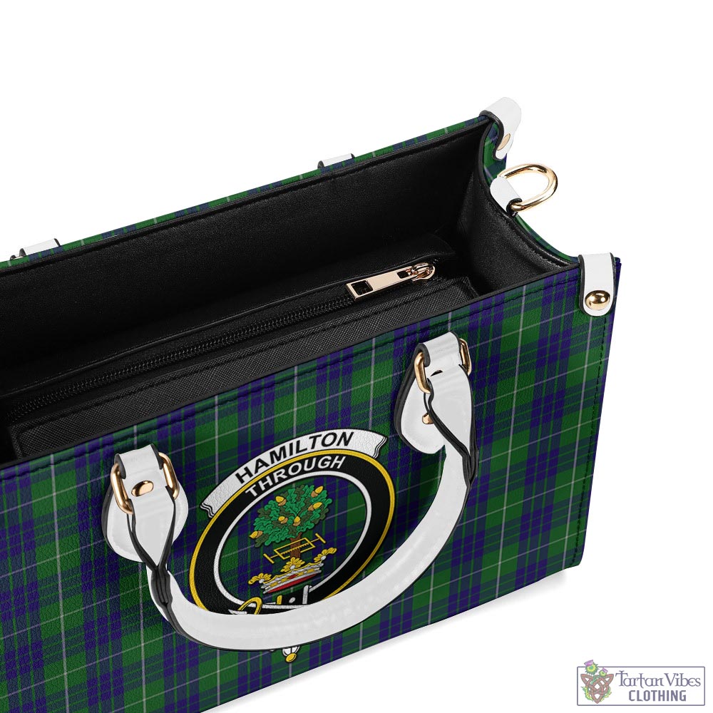 Tartan Vibes Clothing Hamilton Green Hunting Tartan Luxury Leather Handbags with Family Crest