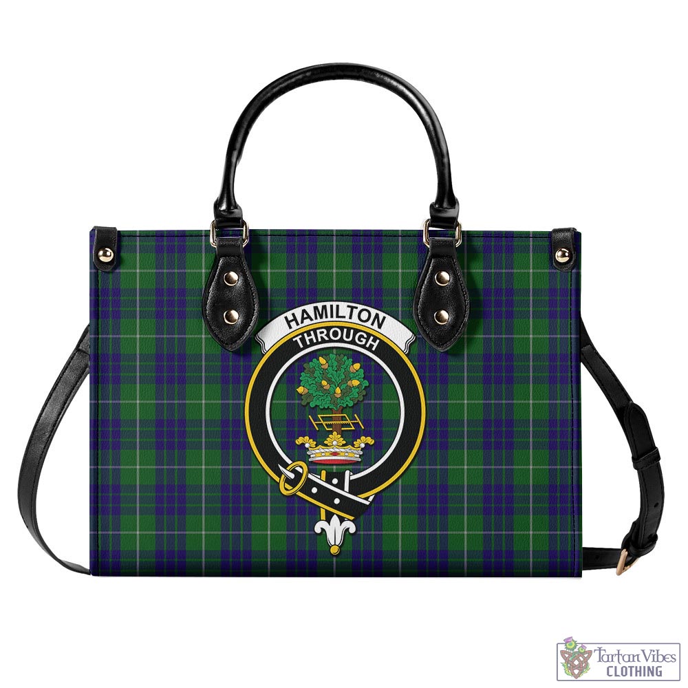 Tartan Vibes Clothing Hamilton Green Hunting Tartan Luxury Leather Handbags with Family Crest