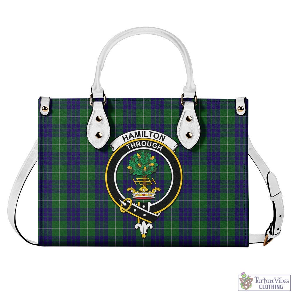 Tartan Vibes Clothing Hamilton Green Hunting Tartan Luxury Leather Handbags with Family Crest