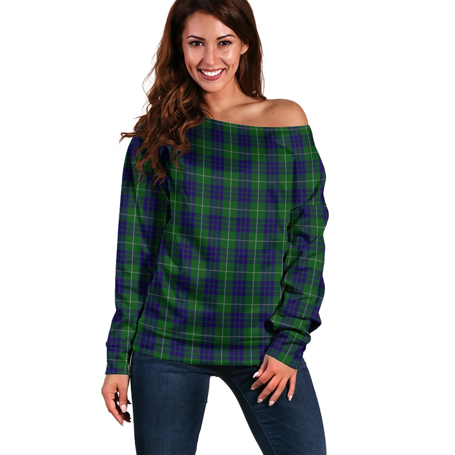 Hamilton Green Hunting Tartan Off Shoulder Women Sweater Women - Tartanvibesclothing