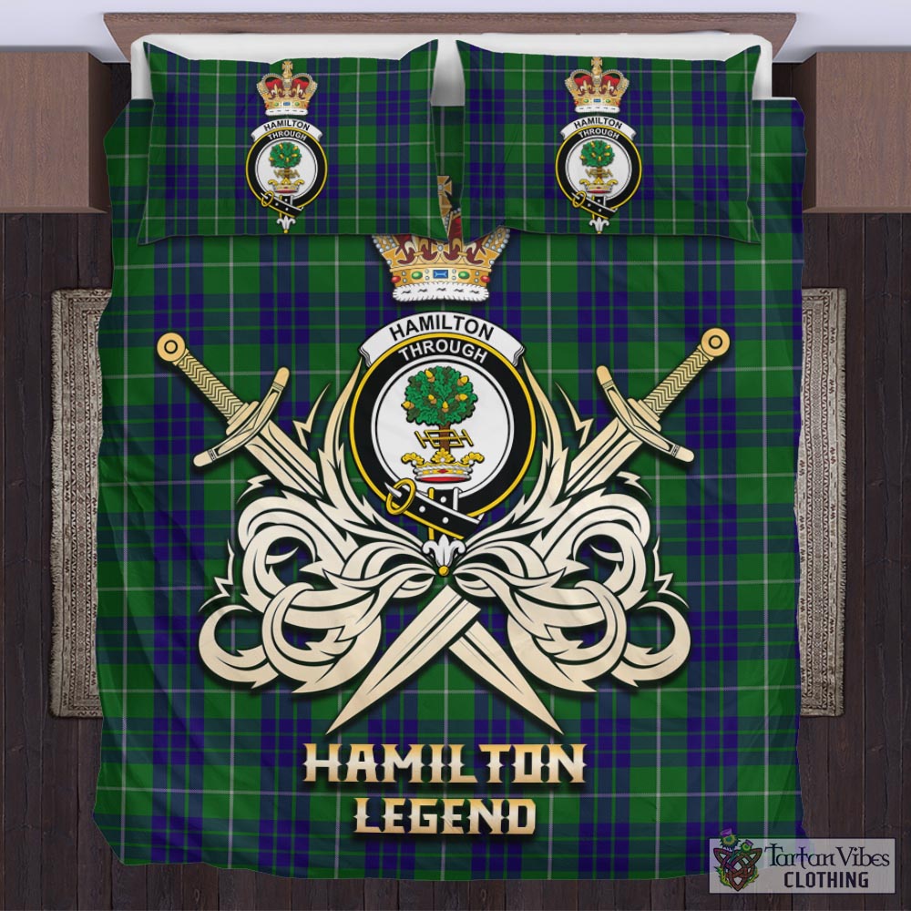 Tartan Vibes Clothing Hamilton Green Hunting Tartan Bedding Set with Clan Crest and the Golden Sword of Courageous Legacy