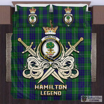 Hamilton Green Hunting Tartan Bedding Set with Clan Crest and the Golden Sword of Courageous Legacy