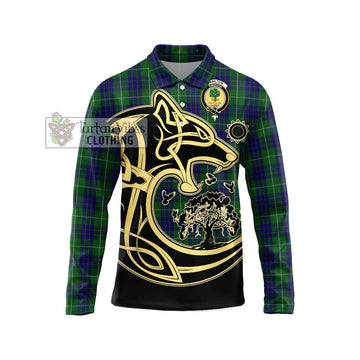 Hamilton Green Hunting Tartan Long Sleeve Polo Shirt with Family Crest Celtic Wolf Style