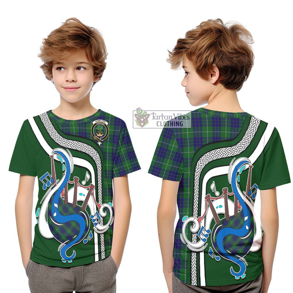 Tartan Vibes Clothing Hamilton Green Hunting Tartan Kid T-Shirt with Epic Bagpipe Style