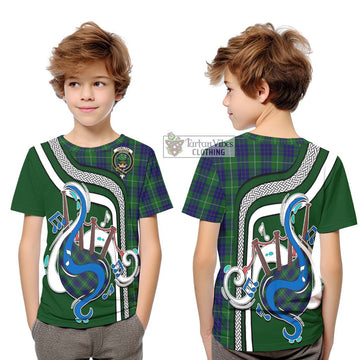 Hamilton Green Hunting Tartan Kid T-Shirt with Epic Bagpipe Style