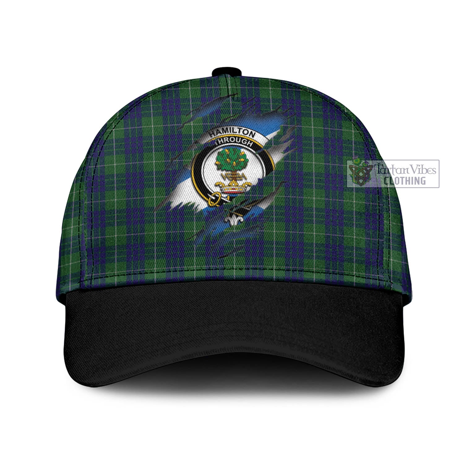 Tartan Vibes Clothing Hamilton Green Hunting Tartan Classic Cap with Family Crest In Me Style