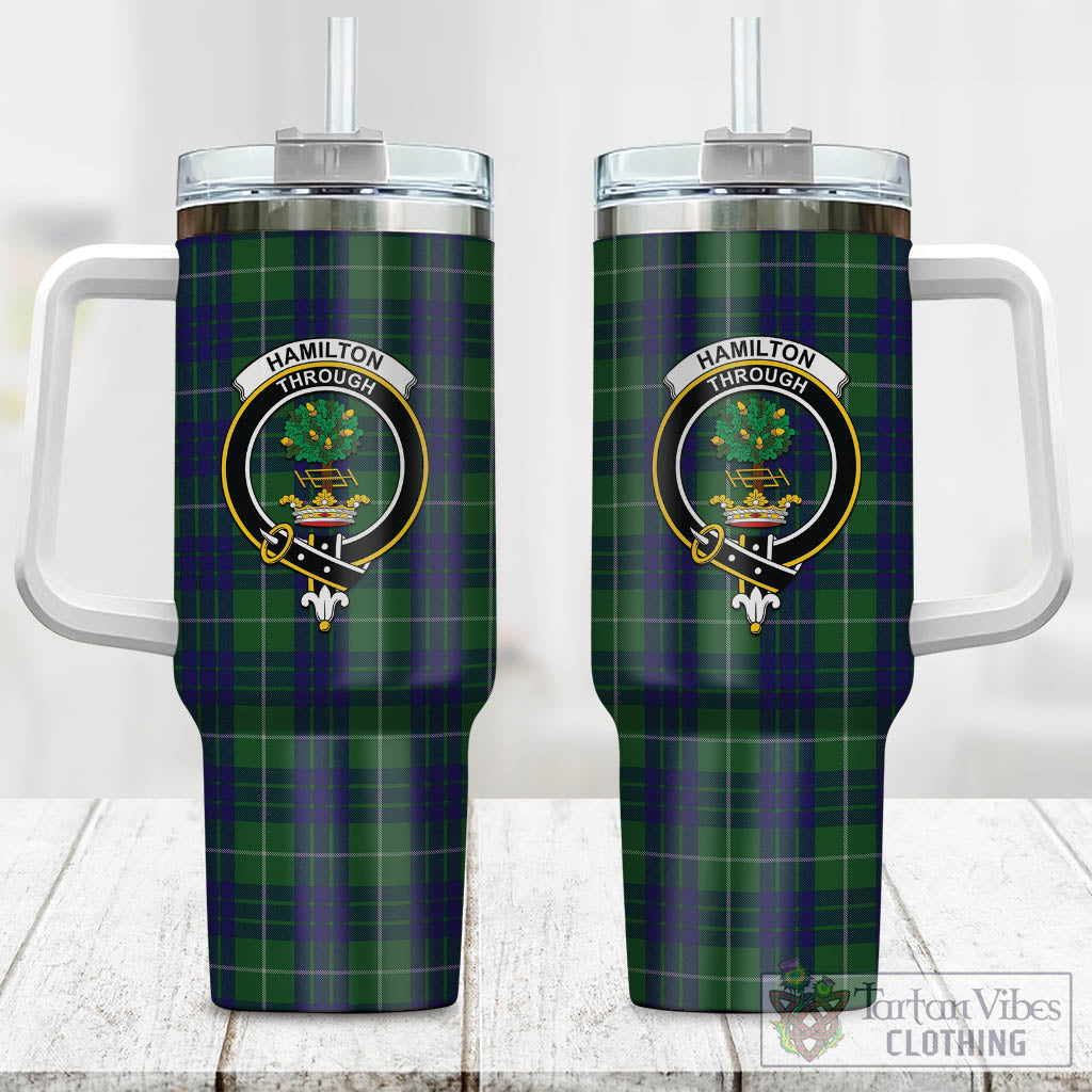 Tartan Vibes Clothing Hamilton Green Hunting Tartan and Family Crest Tumbler with Handle