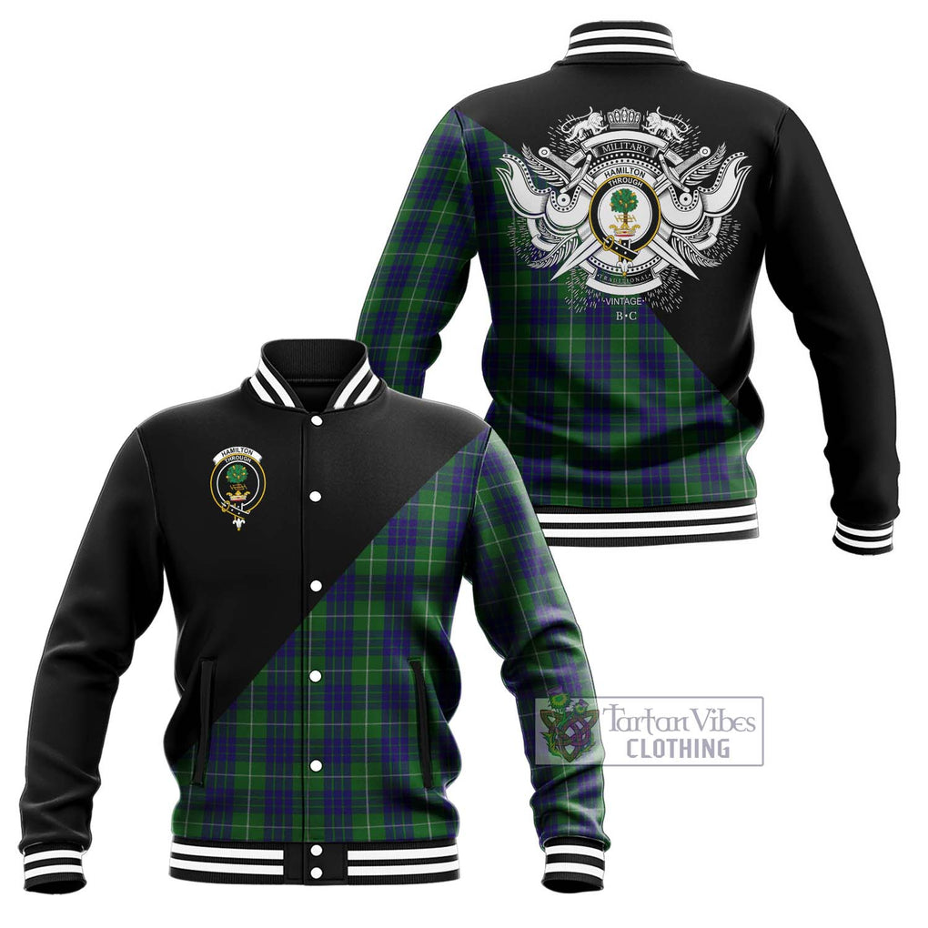 Hamilton Green Hunting Tartan Baseball Jacket with Family Crest and Military Logo Style Unisex - Tartanvibesclothing Shop