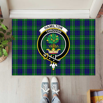 Hamilton Green Hunting Tartan Door Mat with Family Crest