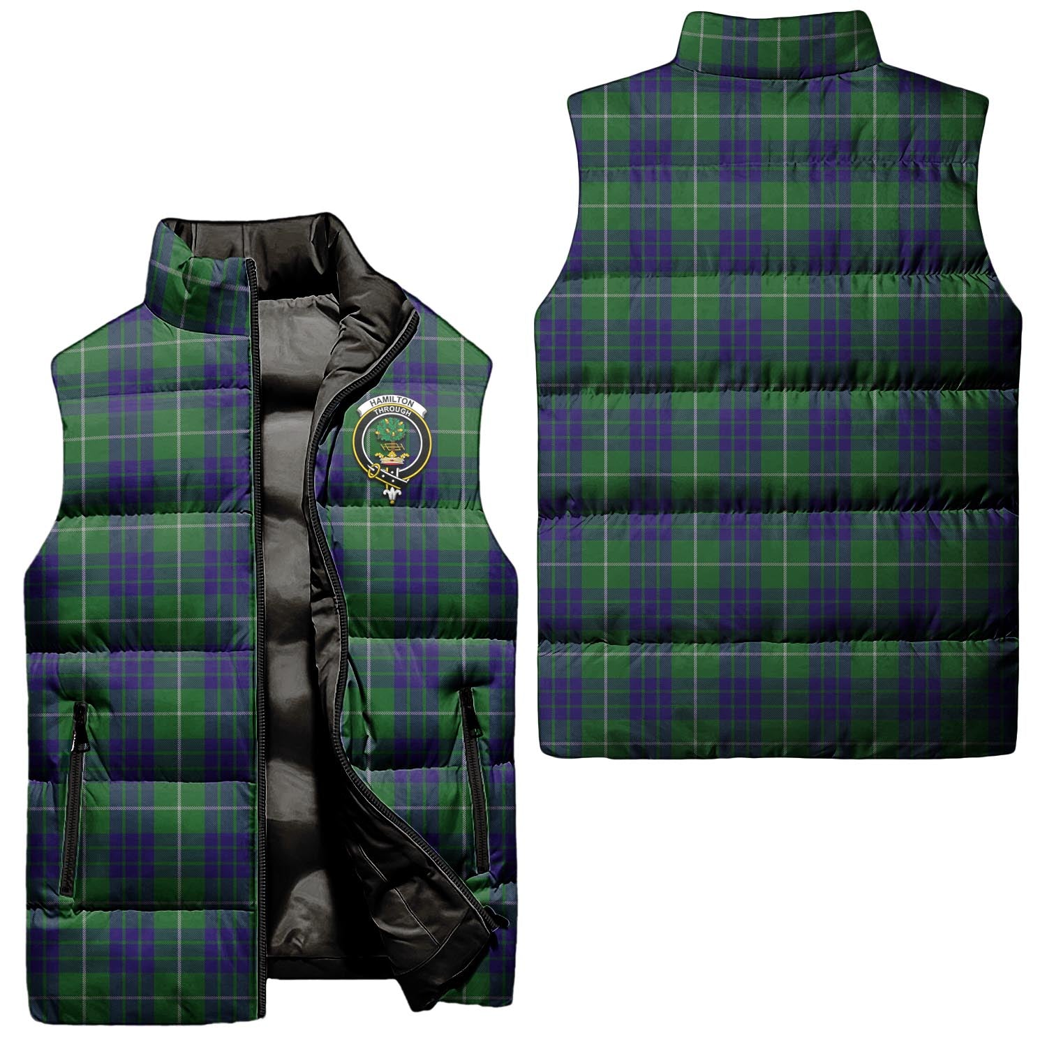 Hamilton Green Hunting Tartan Sleeveless Puffer Jacket with Family Crest Unisex - Tartanvibesclothing