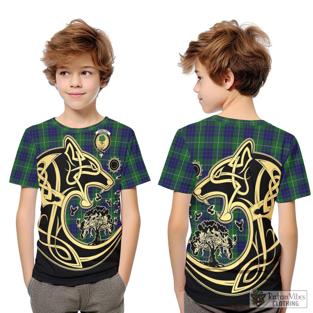 Hamilton Green Hunting Tartan Kid T-Shirt with Family Crest Celtic Wolf Style Youth XL Size14 - Tartan Vibes Clothing