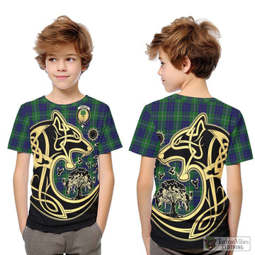 Hamilton Green Hunting Tartan Kid T-Shirt with Family Crest Celtic Wolf Style