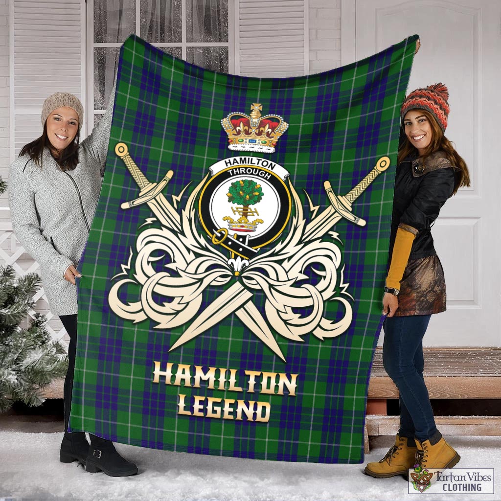 Tartan Vibes Clothing Hamilton Green Hunting Tartan Blanket with Clan Crest and the Golden Sword of Courageous Legacy