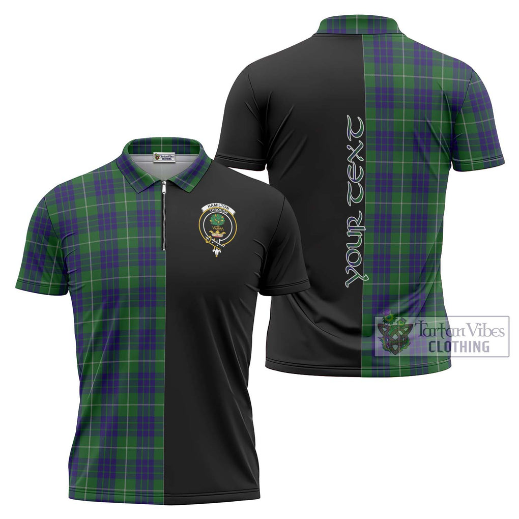 Hamilton Green Hunting Tartan Zipper Polo Shirt with Family Crest and Half Of Me Style Unisex - Tartanvibesclothing Shop