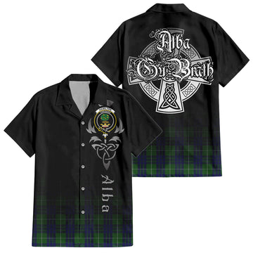 Hamilton Green Hunting Tartan Short Sleeve Button Up Shirt Featuring Alba Gu Brath Family Crest Celtic Inspired