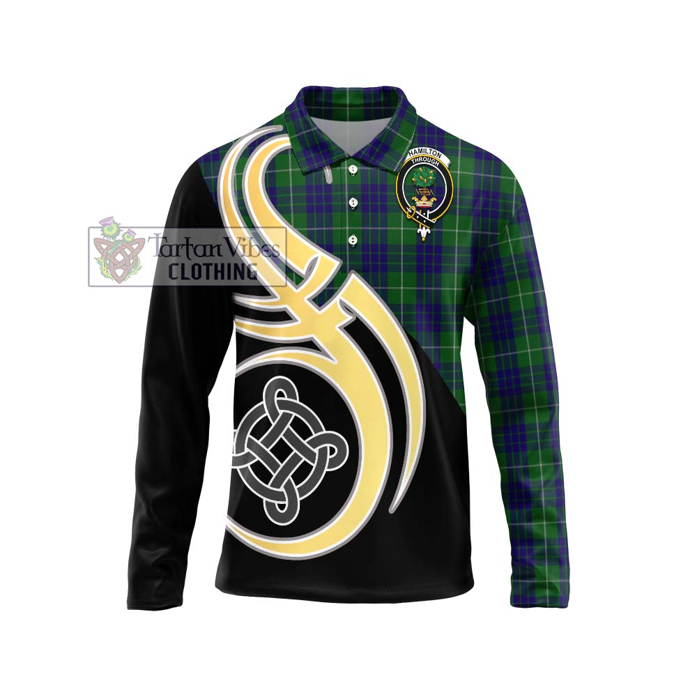 Hamilton Green Hunting Tartan Long Sleeve Polo Shirt with Family Crest and Celtic Symbol Style Unisex - Tartan Vibes Clothing