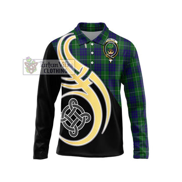 Hamilton Green Hunting Tartan Long Sleeve Polo Shirt with Family Crest and Celtic Symbol Style