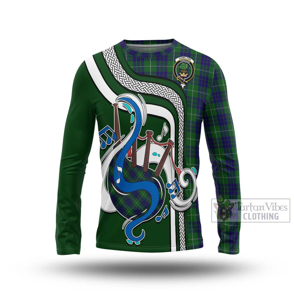 Tartan Vibes Clothing Hamilton Green Hunting Tartan Long Sleeve T-Shirt with Epic Bagpipe Style