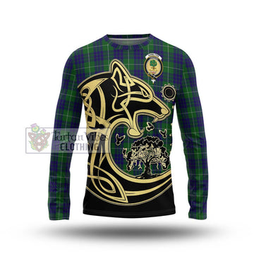 Hamilton Green Hunting Tartan Long Sleeve T-Shirt with Family Crest Celtic Wolf Style