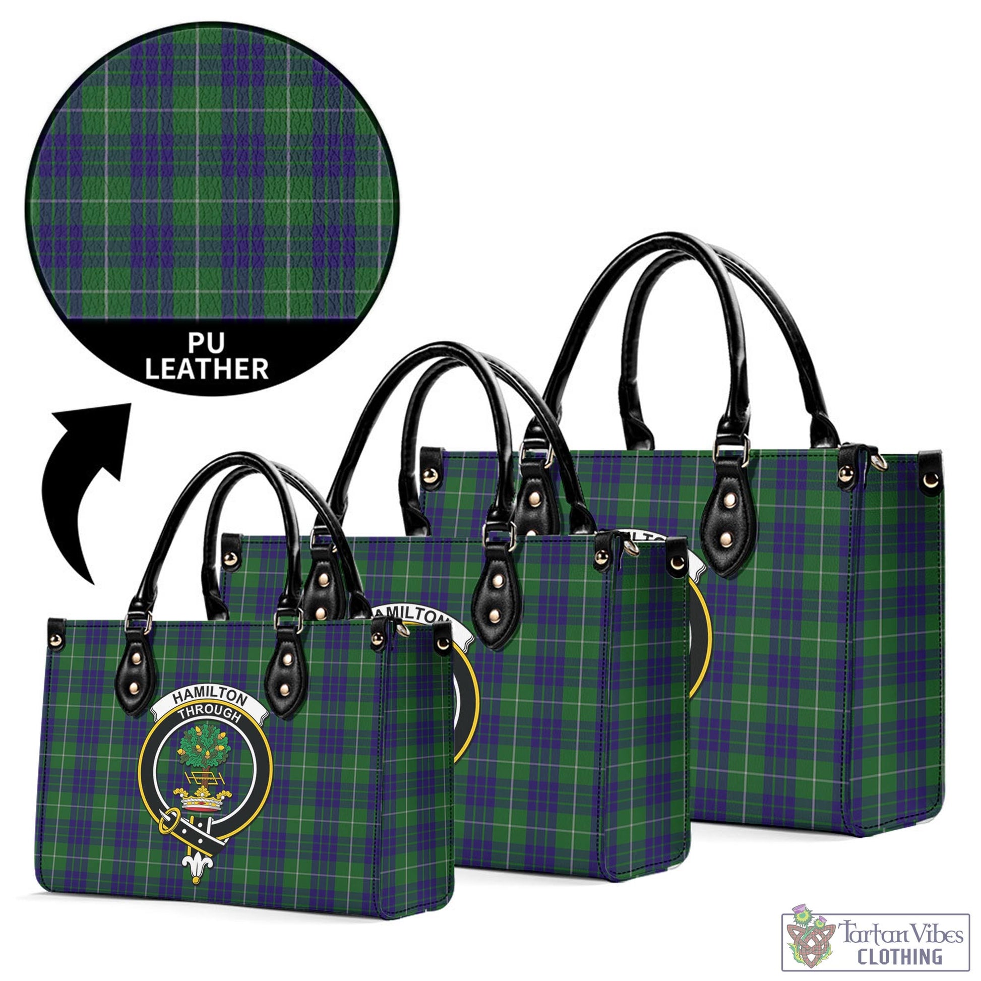 Tartan Vibes Clothing Hamilton Green Hunting Tartan Luxury Leather Handbags with Family Crest