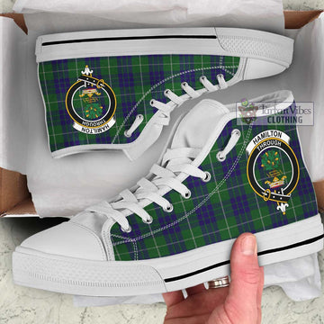 Hamilton Green Hunting Tartan High Top Shoes with Family Crest