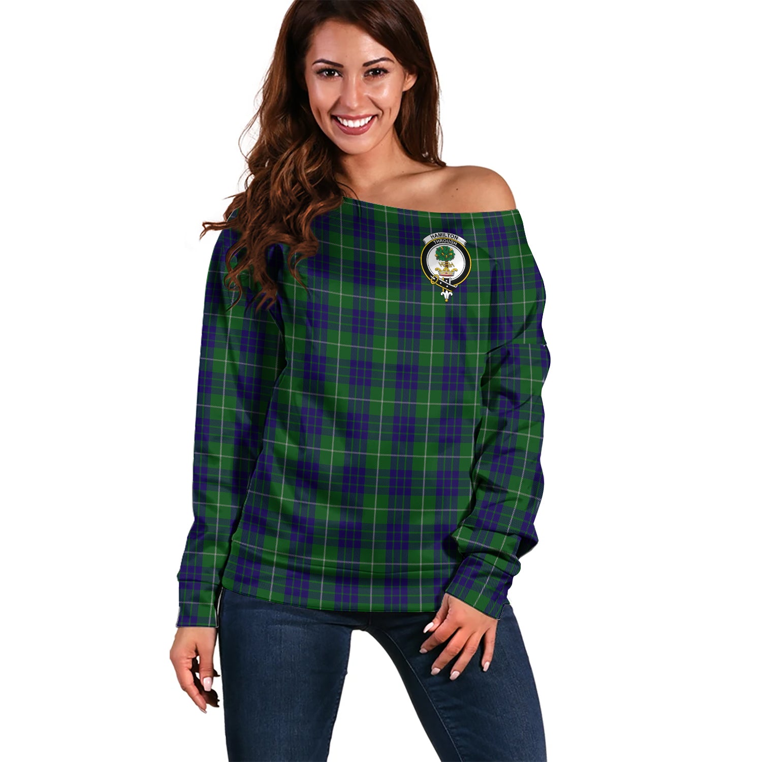 Hamilton Green Hunting Tartan Off Shoulder Women Sweater with Family Crest Women - Tartanvibesclothing