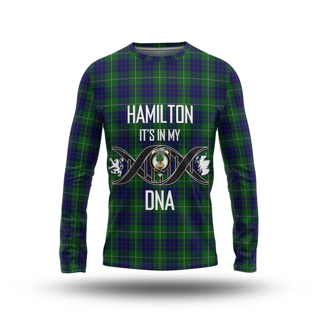 Hamilton Green Hunting Tartan Long Sleeve T-Shirt with Family Crest DNA In Me Style Unisex - Tartanvibesclothing Shop