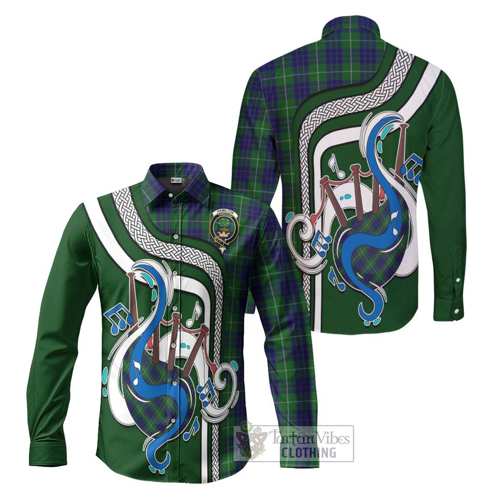 Hamilton Green Hunting Tartan Long Sleeve Button Shirt with Epic Bagpipe Style Men's Shirt S - Tartanvibesclothing Shop