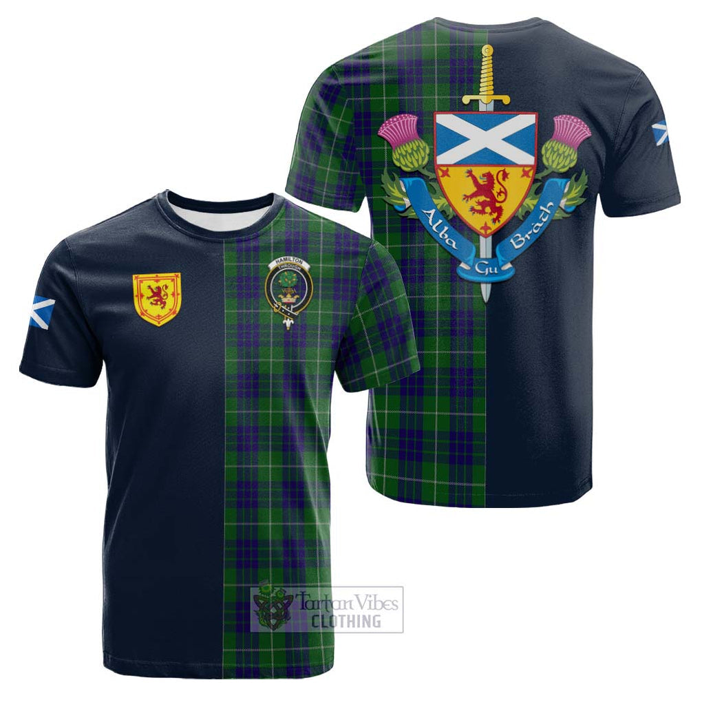 Tartan Vibes Clothing Hamilton Green Hunting Tartan Cotton T-shirt with Scottish Lion Royal Arm Half Style