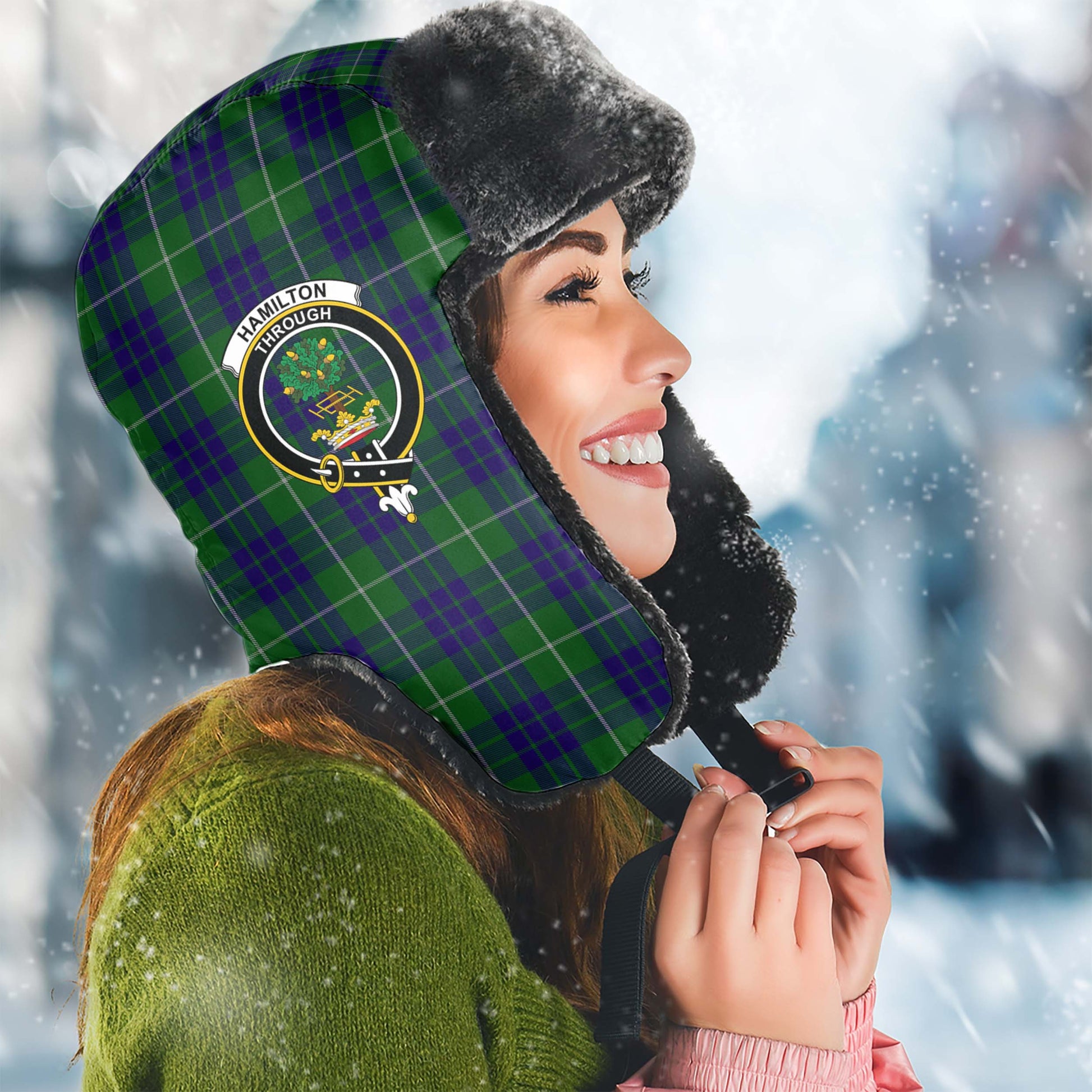 Hamilton Green Hunting Tartan Winter Trapper Hat with Family Crest Winter Trapper Hat Universal Fit Circumference 22.8in (58cm) - Tartanvibesclothing