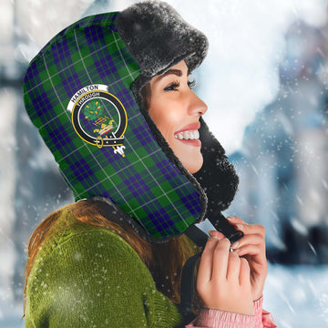 Hamilton Green Hunting Tartan Winter Trapper Hat with Family Crest