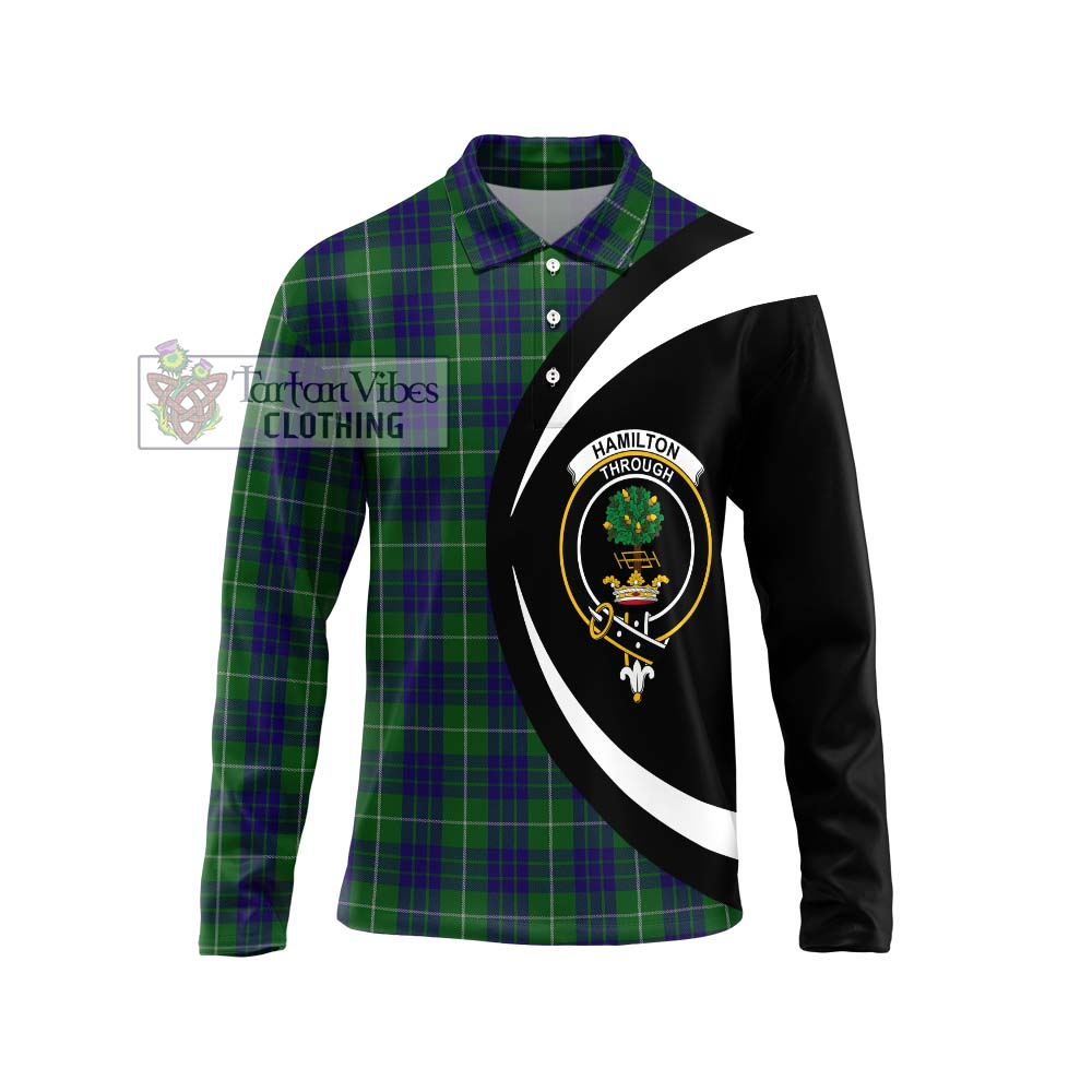 Hamilton Green Hunting Tartan Long Sleeve Polo Shirt with Family Crest Circle Style Unisex - Tartan Vibes Clothing